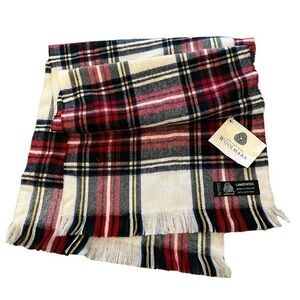 NWT Woolmark 100% Lambswool Scottish Plaid Scarf, Cream / Red